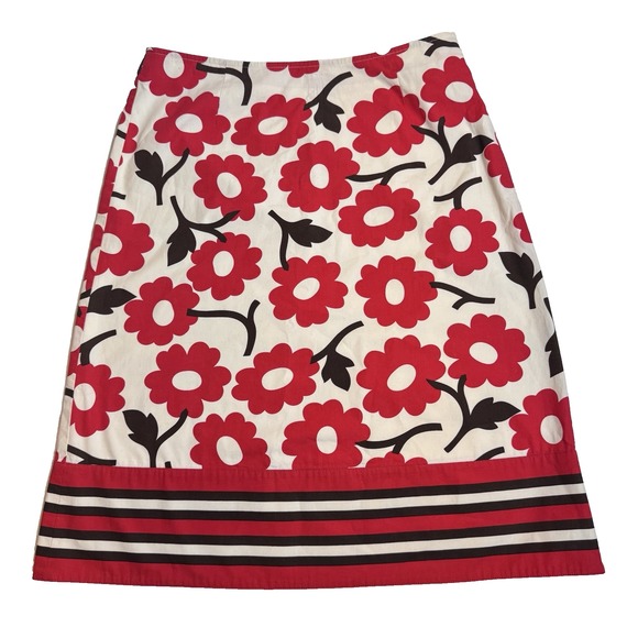 Boden Retro Daisy Floral Cotton Skirt 10 Red Black Striped Hem Lined Mod Style - Picture 1 of 10